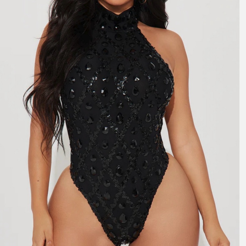 Black Crystal Embellished Halter Bodysuit XL Festival Concert Night Out